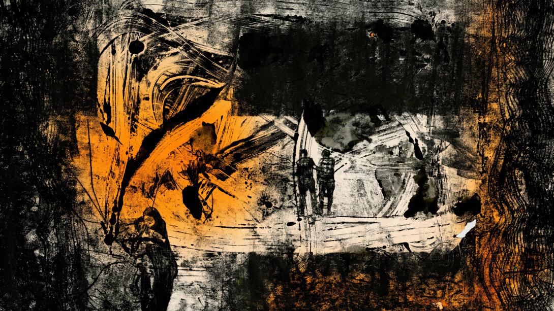 A drypoint print made with black and orange tones