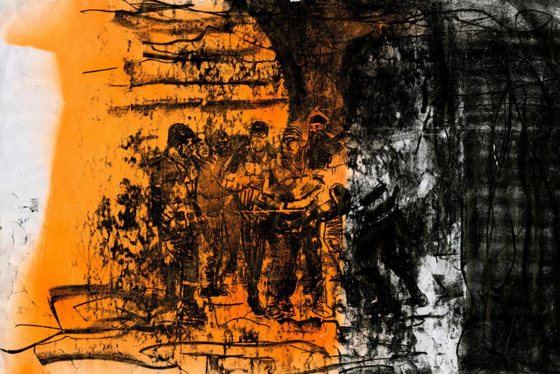 A drypoint print made with black and orange tones