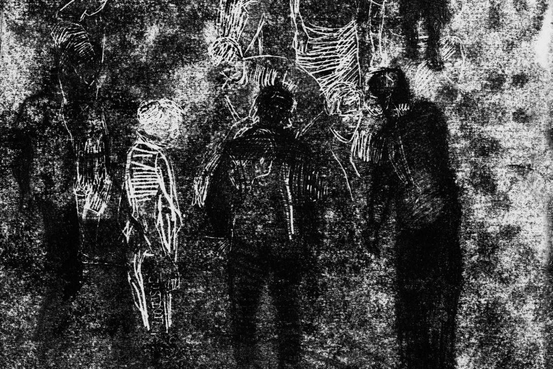 A drypoint print depicting a veiled scene of war 