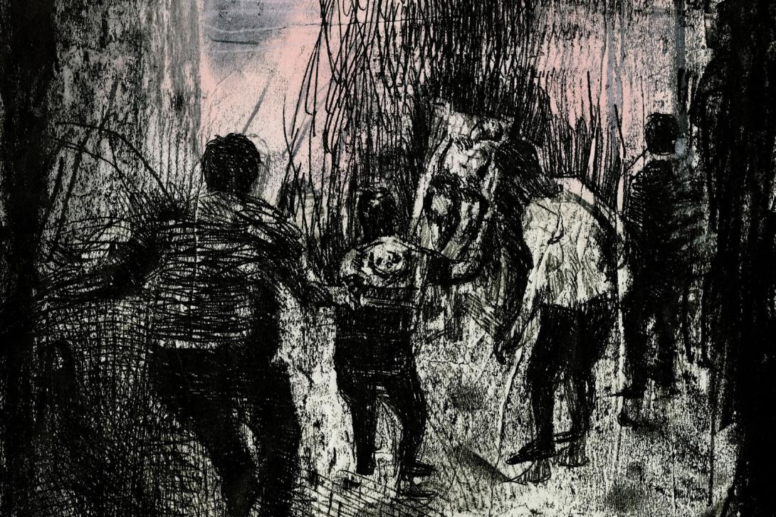 A drypoint print made with black and pink tones