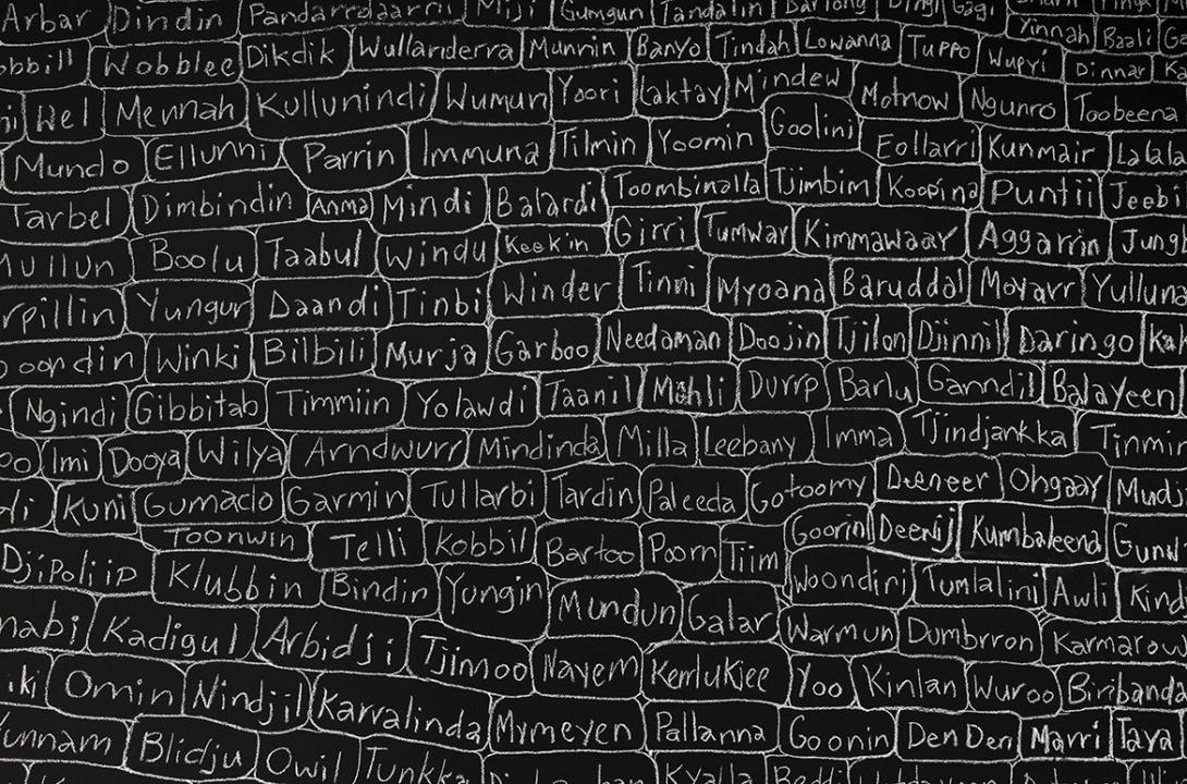 A detail view of an installation made in white chalk on a black gallery wall