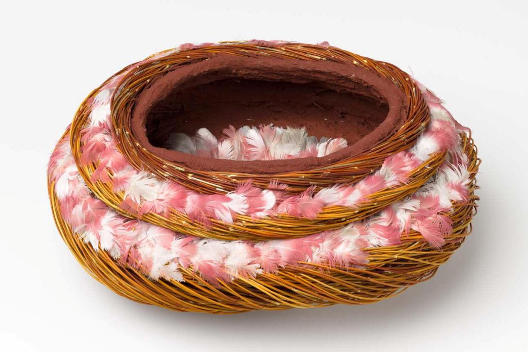 Shirley Macnamara / Indjalandji/Alyawarr / Australia QLD b.1949 / Erkel (vessel) 2010 / Twined spinifex (Triodia pungens), red ochre, galah feathers, nylon thread and synthetic polymer fixative / Purchased 2010 with funds from the Bequest of Grace Davies and Nell Davies through the Queensland Art Gallery Foundation / © Shirley Macnamara / Photograph: QAGOMA