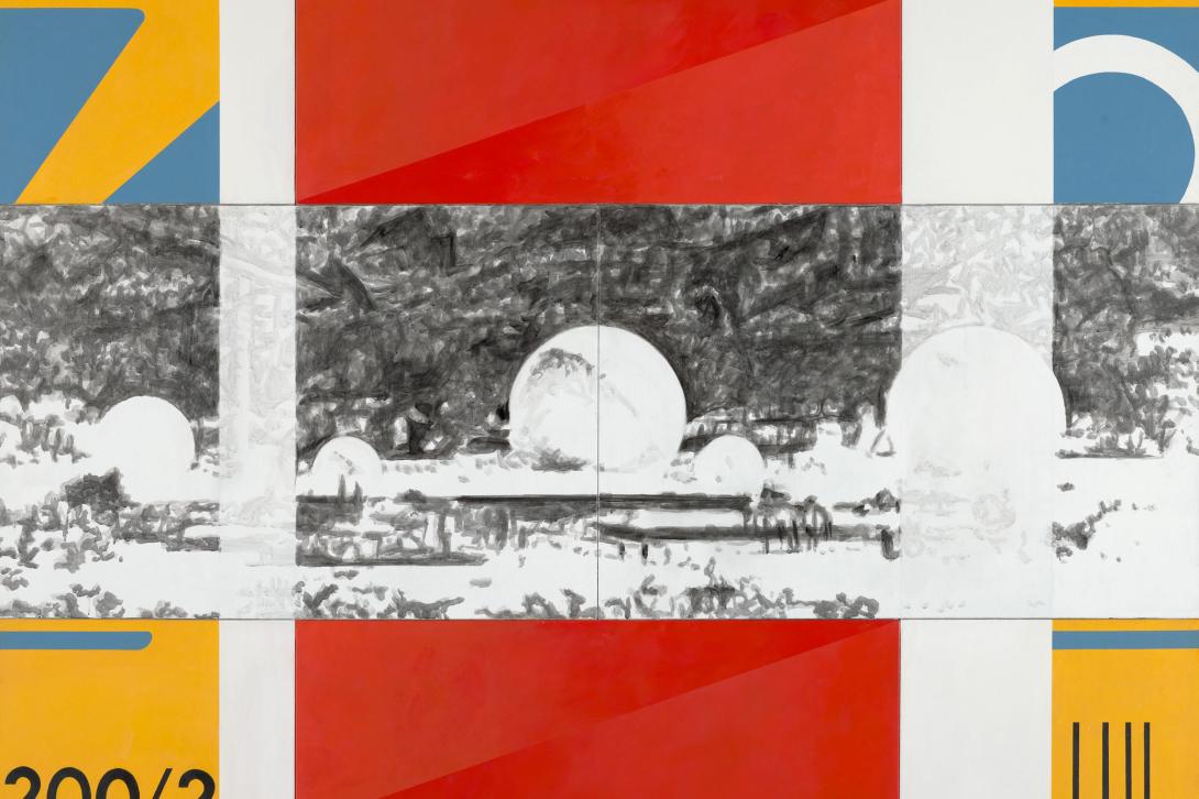 Richard Dunn / Surveillance and Punishment (Pine Gap) (detail) 1987–88 / Synthetic polymer paint on canvas / Gift of Suzanne Davies in loving memory of Richard Dunn through the QAGOMA Foundation 2025. Donated through the Australian Government’s Cultural Gifts Program / Collection: QAGOMA / © Richard Dunn Estate / Photograph: N Umek, QAGOMA