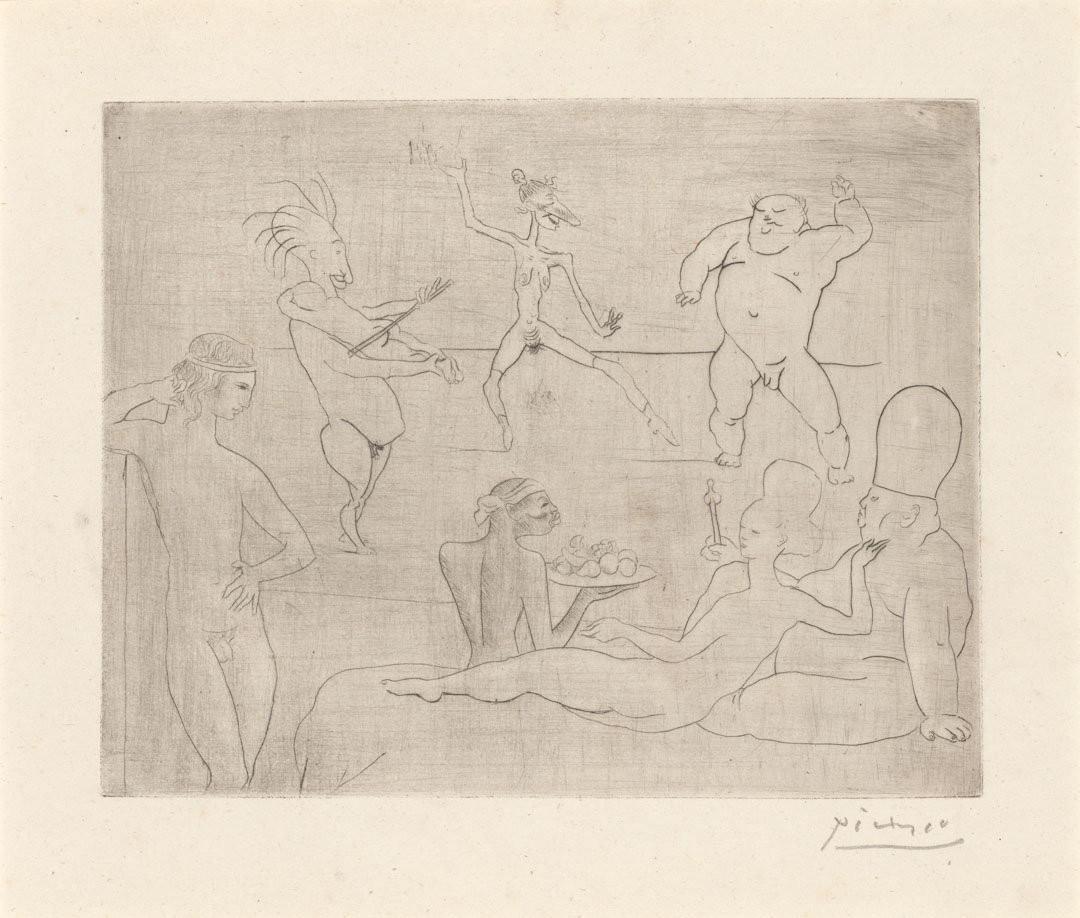 Pablo Picasso / Spain 1881–1973 / La Danse Barbare (Devant Salomé et Hérode) (from 'La Suite des Saltimbanques' series) 1905, printed 1913 / Drypoint on wove paper / Purchased 2022 with funds from the Henry and Amanda Bartlett Trust through the QAGOMA Foundation / © Succession Picasso/Copyright Agency