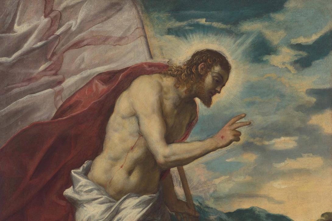 In this towering, two-metre-tall oil painting, Tintoretto depicts Christ rising from the grave, illuminated by a rising sun. Christ carries a red-and-white banner in his left hand, while his right hand delivers a gesture of blessing or benediction to the awakening soldier positioned below. In its original church setting – likely as an altarpiece placed high above churchgoers – the foreshortened figure of Christ would have delivered an even more dramatic sense of the miracle of life defeating death.