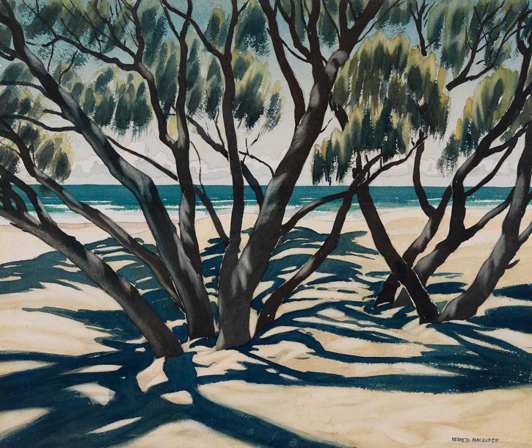 Artwork Under the casuarinas, Maroochydore this artwork made of Watercolour over pencil on wove paper, created in 1936-01-01