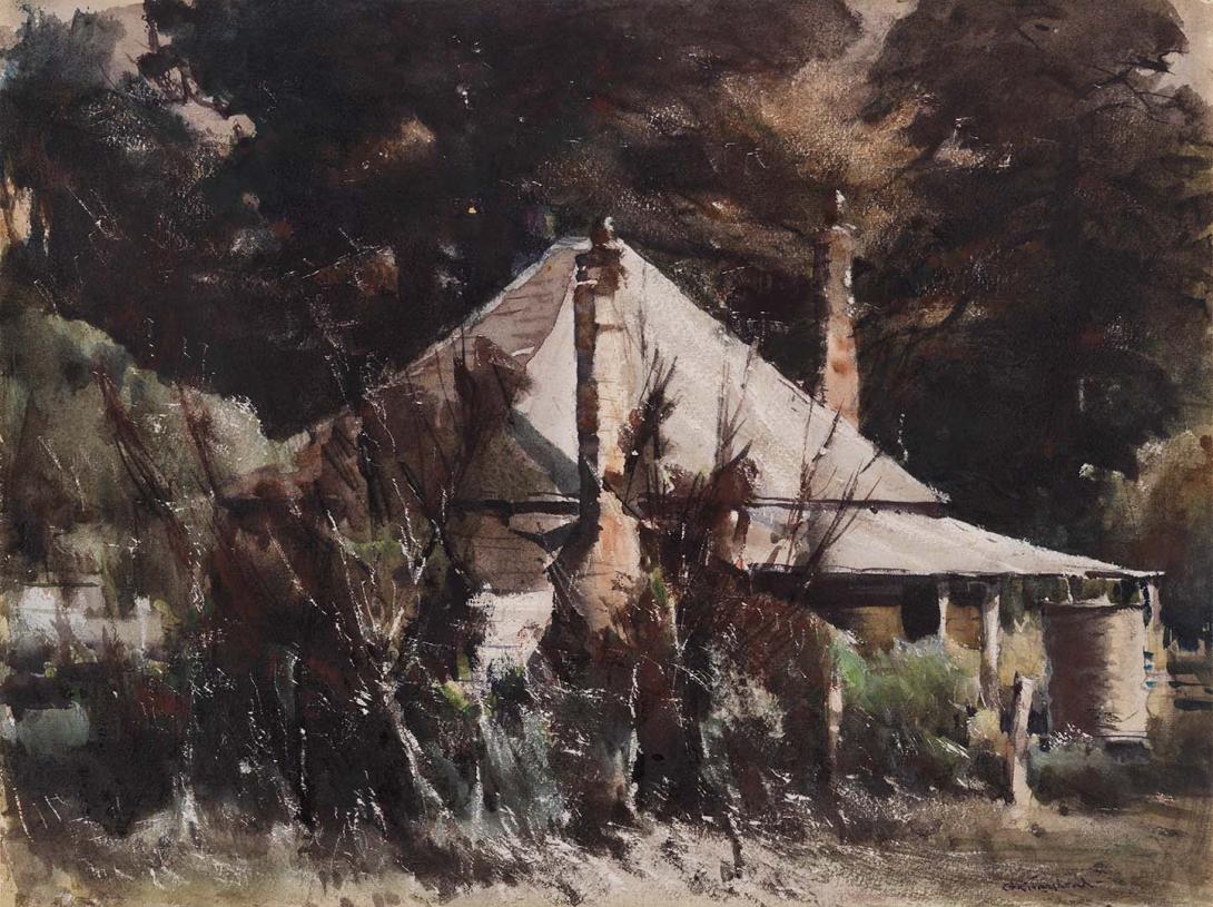 Artwork The homestead, Gloucester, NSW this artwork made of Watercolour on paper, created in 1950-01-01