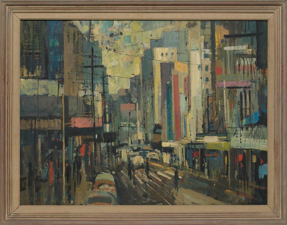 Artwork Queen Street [Brisbane (from George Street, looking north)] this artwork made of Oil on canvas on composition board, created in 1959-01-01