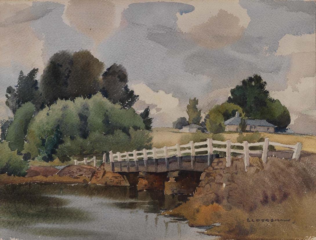 Artwork The bridge, Westbury, Tasmania this artwork made of Watercolour and gouache over pencil on paperboard