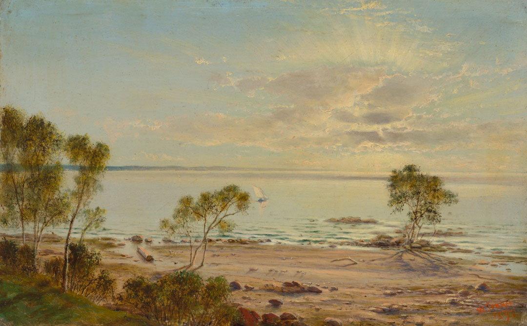 Artwork Sunrise from Sandgate Beach, Humpy Bong in distance this artwork made of Oil on cardboard, created in 1892-01-01