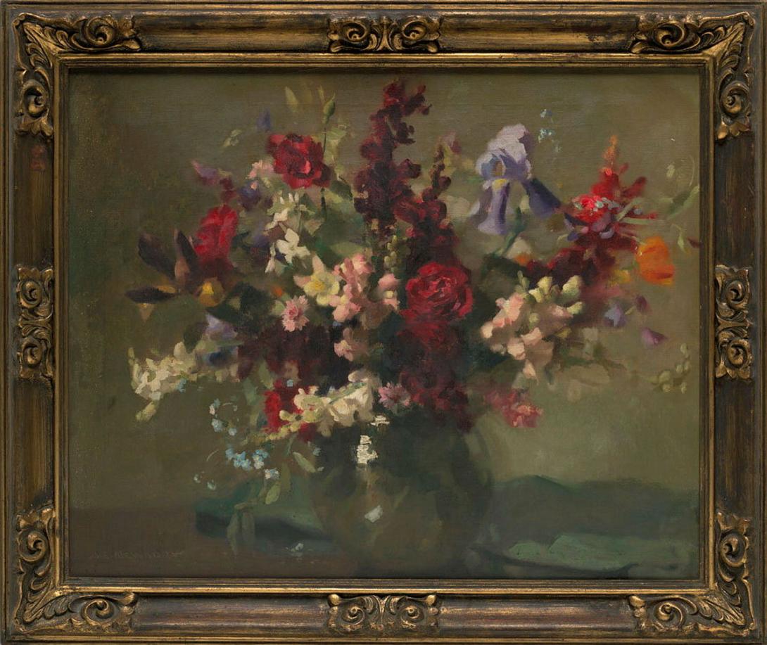 Artwork Still life (mixed flowers) this artwork made of Oil on canvas