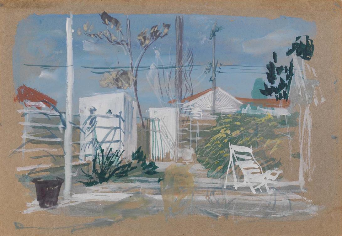 Artwork Garden at Wangi this artwork made of Gouache on dark grey wove paper, created in 1963-01-01