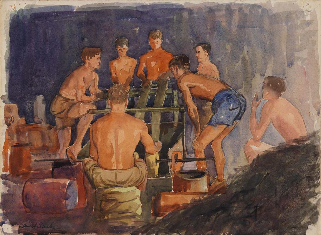 Artwork Army personnel painting scrim for camouflage, using unit-made machine this artwork made of Watercolour over pencil on wove, handmade paper, created in 1944-01-01