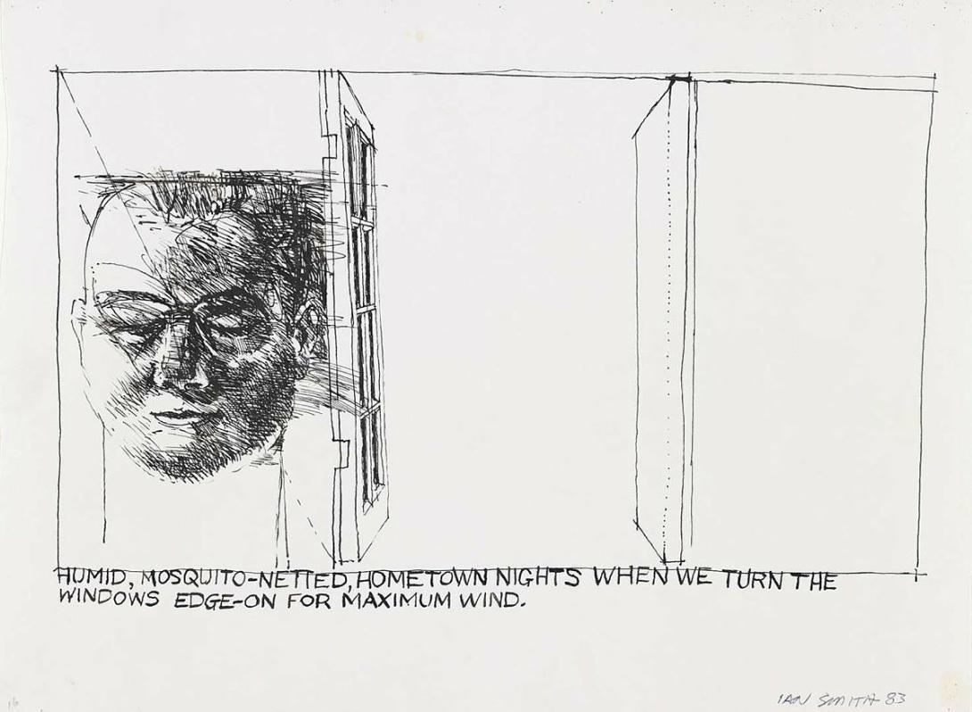 Artwork Humid, mosquito netted, hometown nights when we turn the windows edge-on for maximum wind (no. 16 from 'My hometown' series) this artwork made of Pen and ink on wove paper, created in 1983-01-01