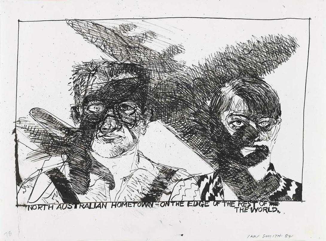 Artwork North Australian hometown - on the edge of the rest of the world (no. 78 from 'My hometown' series) this artwork made of Pen and ink on wove paper, created in 1984-01-01