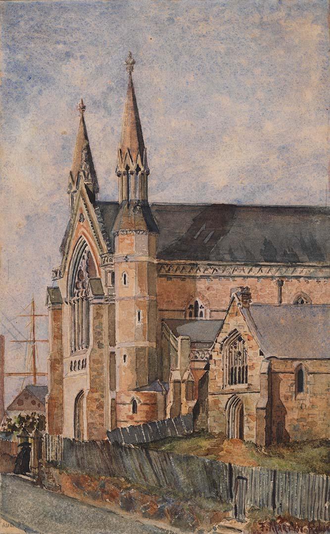 Artwork St. Stephen's Cathedral, Brisbane this artwork made of Watercolour on wove paper, created in 1892-01-01