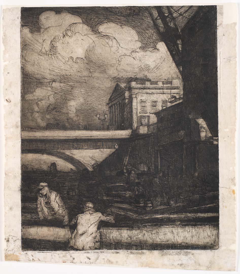 Artwork (Urban bridge scene) this artwork made of Etching on paper, created in 1895-01-01