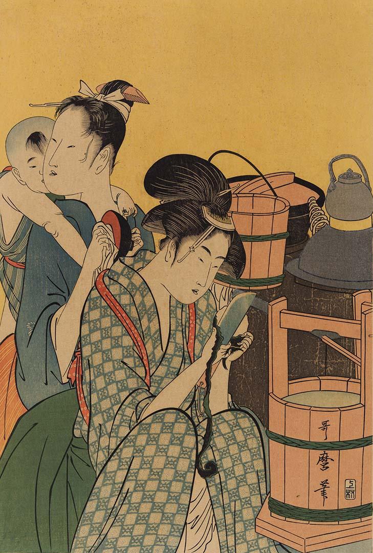 Artwork Two women with child, one peeling a vegetable (reprint) this artwork made of Colour woodblock print on paper, created in 1806-01-01