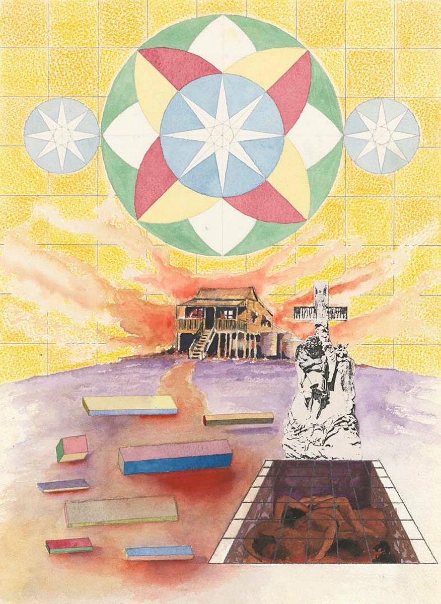 Artwork The small brown house (with test patterns for thought) (from 'Works from the People's Republic of Spiritual Revolution' series) this artwork made of Watercolour with pencil and collage on paper, created in 1989-01-01