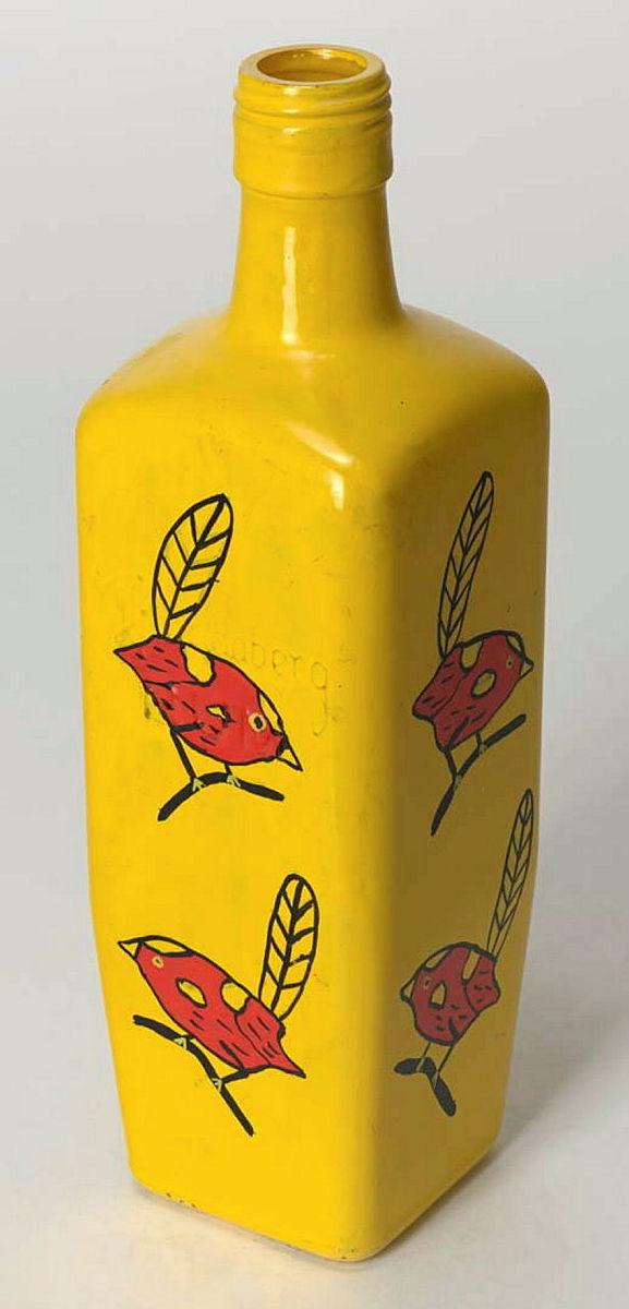 Artwork Painted rum bottle (yellow) this artwork made of Enamel household paint on glass, created in 1988-01-01