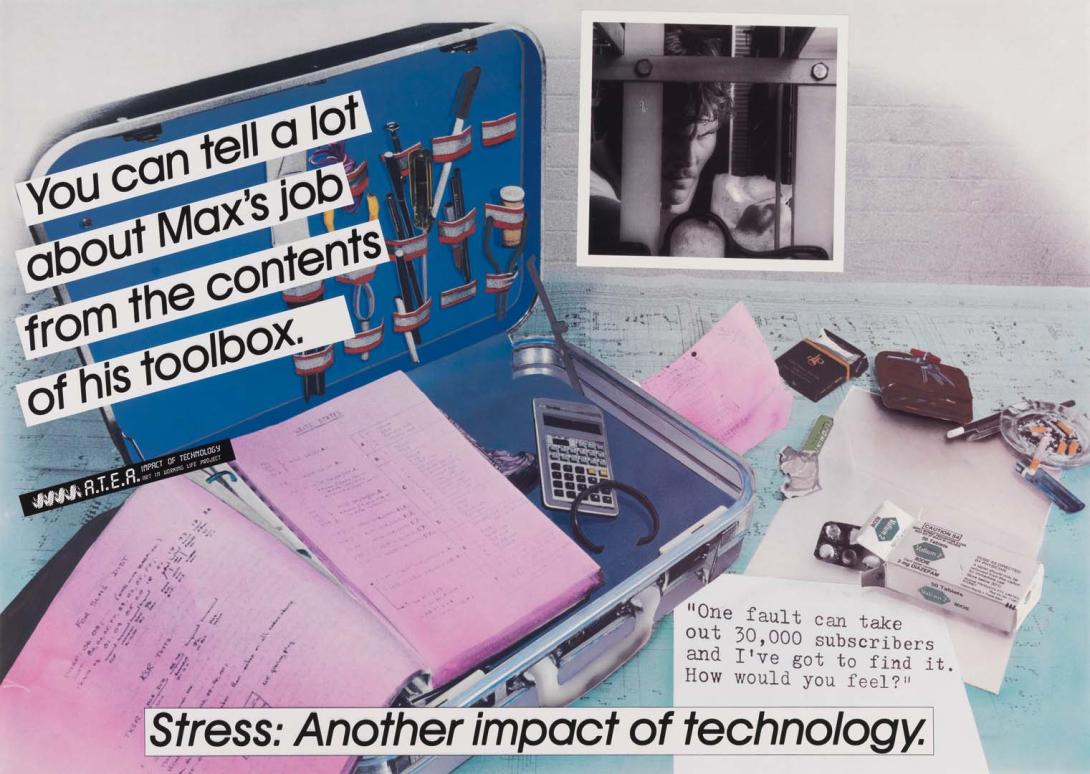 Artwork You can tell a lot about Max's job from the contents of his toolbox (from 'Impact of technology' series) this artwork made of Offset print on wove paper, created in 1985-01-01