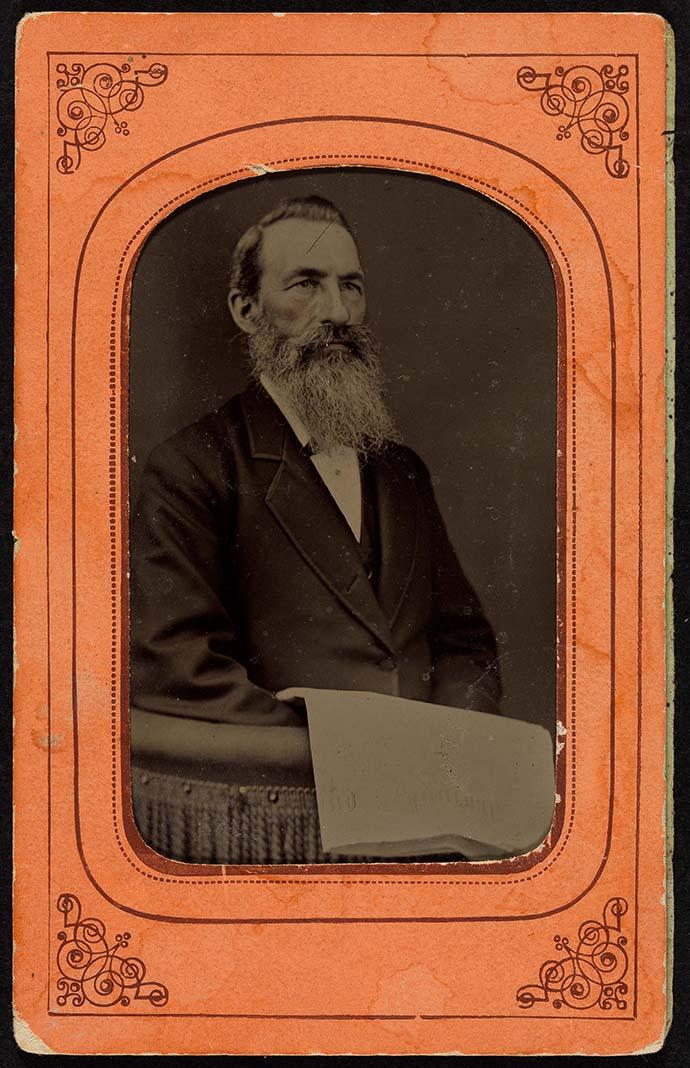 Artwork (Portrait of an elderly gentleman) this artwork made of Tintype on iron, in paper mount, created in 1865-01-01