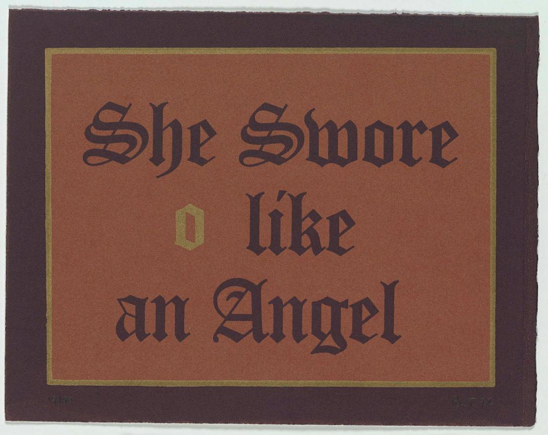 Artwork She swore like an angel (from 'The Sydney Morning volume III' series) this artwork made of Screenprint on paper, created in 1992-01-01