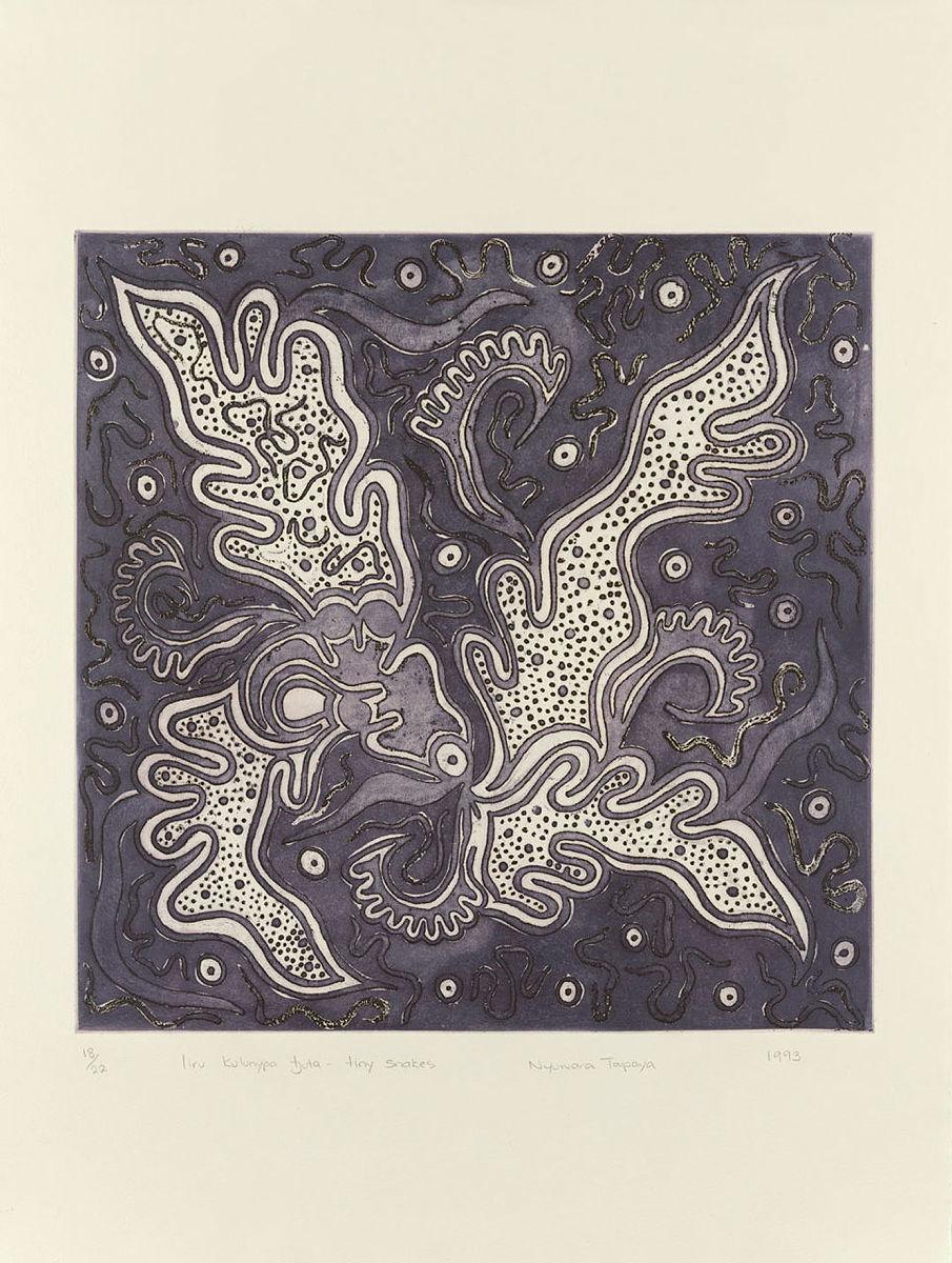 Artwork Liru Kulunypa tjuta - tiny snakes this artwork made of Etching and aquatint on BFK Rives paper, created in 1993-01-01