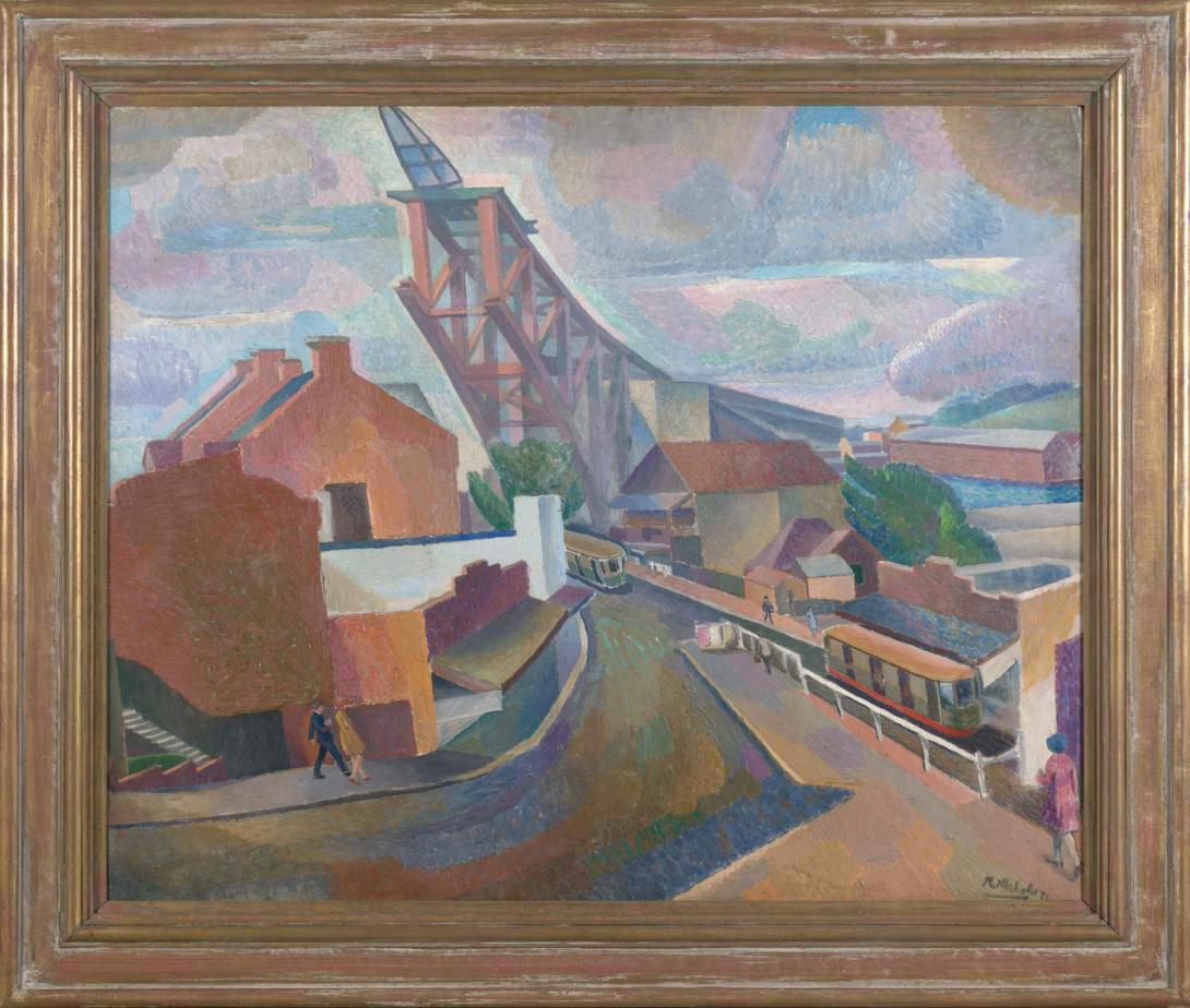 Artwork The Bridge under construction this artwork made of Oil on composition board, created in 1928-01-01