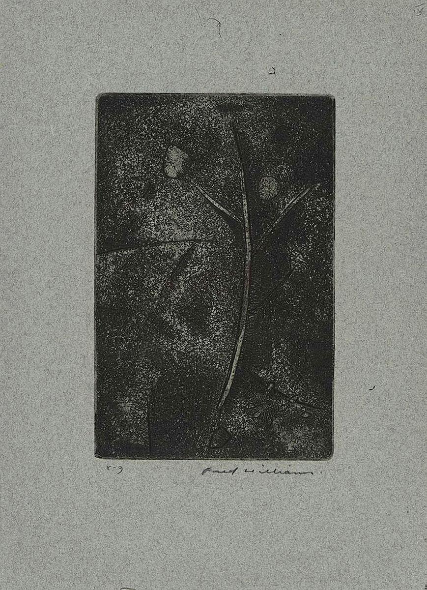 Artwork Gum tree this artwork made of Aquatint, engraving, rough biting and drypoint on green handmade paper, created in 1958-01-01