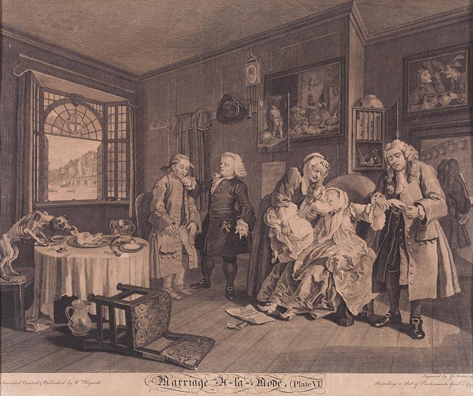 Artwork Marriage à la Mode, plate VI. The death of the countess this artwork made of Line and stipple engraving, etching on buff wove paper, created in 1745-01-01
