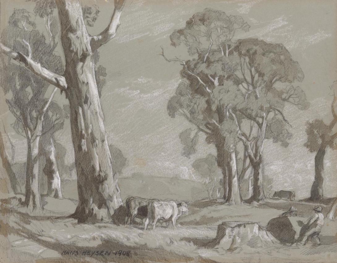 Artwork Composition study for 'Late summer afternoon' this artwork made of Charcoal, chalk and watercolour over pencil on cardboard, created in 1908-01-01