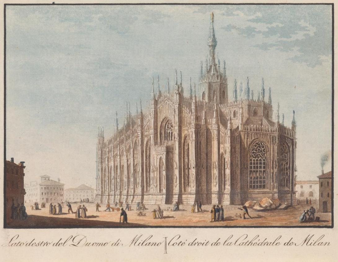 Artwork (Milan Cathedral) Lato destro de Duomod;  Milano Cote Droit de la Cathedrale de Milan this artwork made of Colour lithograph, created in 1700-01-01