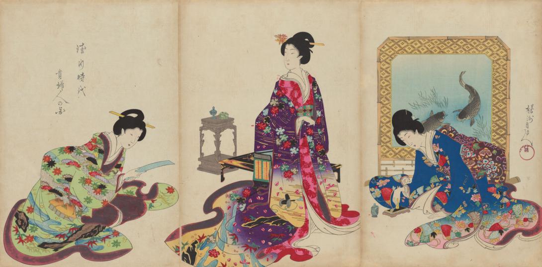 Artwork Women’s activities of the Tokugawa Era this artwork made of Colour woodblock print on paper, created in 1896-01-01