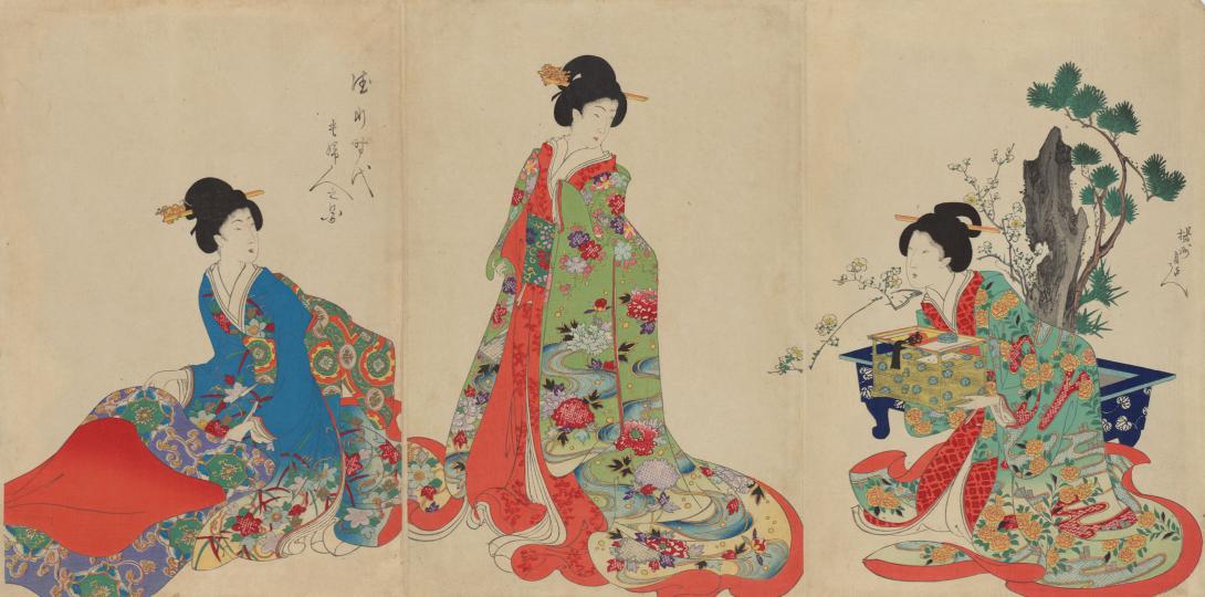 Artwork Women’s activities of the Tokugawa Era this artwork made of Colour woodblock print on paper, created in 1896-01-01