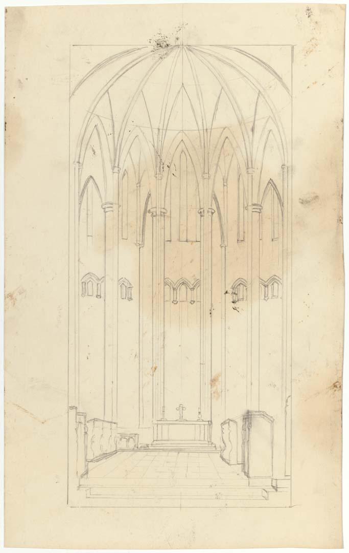 Artwork (Interior of St John's Cathedral, Brisbane, frontal view of altar) this artwork made of Pencil on cream cardboard
on cream cardboard