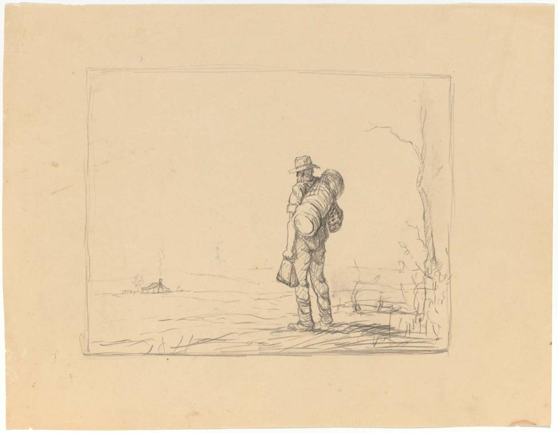 Artwork (Swagman approaching a homestead) this artwork made of Pencil on cream wove paper
on cream wove paper