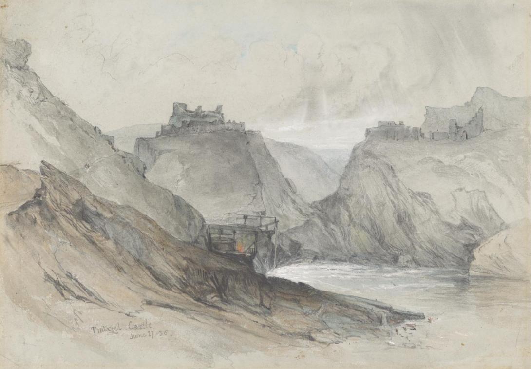 Artwork Tintagel Castle this artwork made of Pencil and watercolour wash heightened with opaque white on blue-grey wove paper, created in 1836-01-01