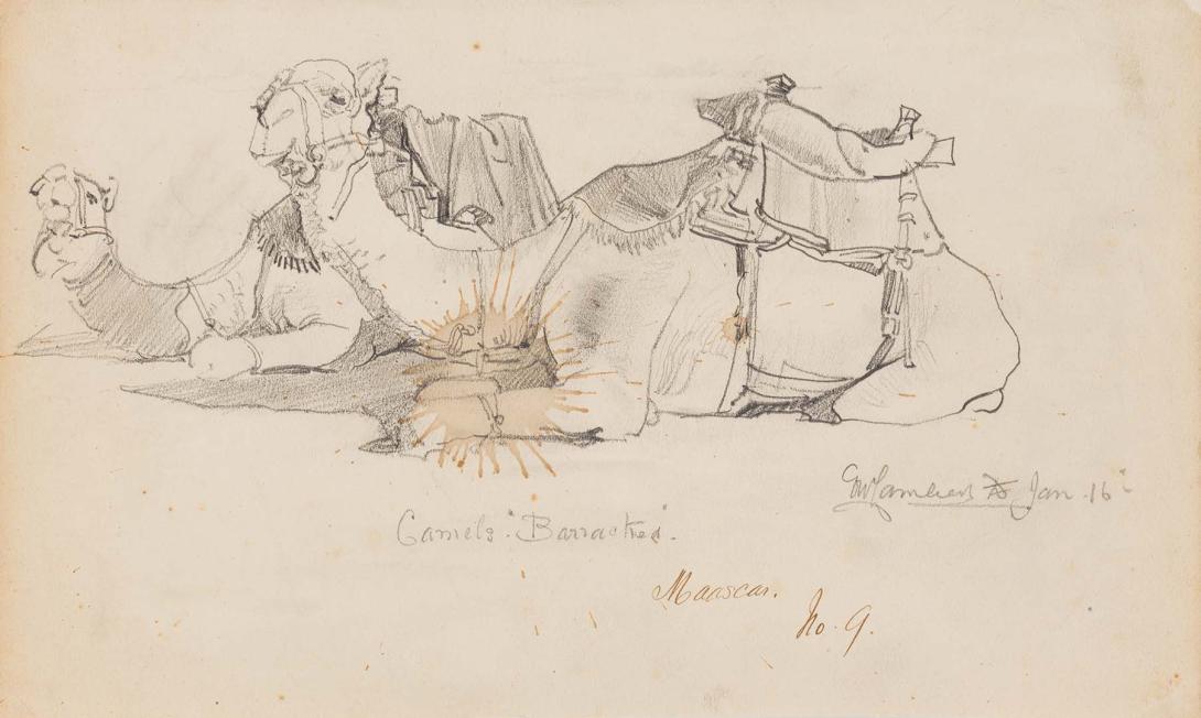 Artwork Camels' barracked, Maascar: No. 9 this artwork made of Pencil on wove paper, created in 1918-01-01