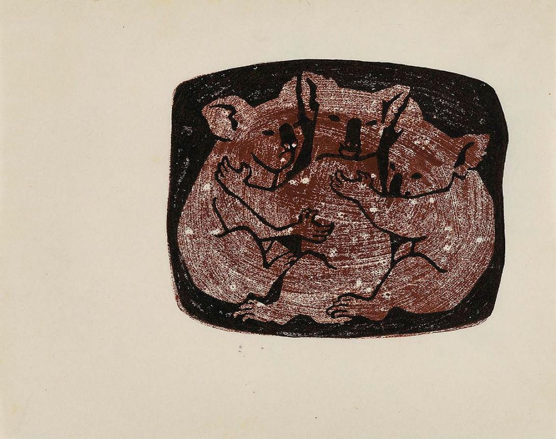Artwork (Koalas) this artwork made of Linocut on paper, created in 1950-01-01