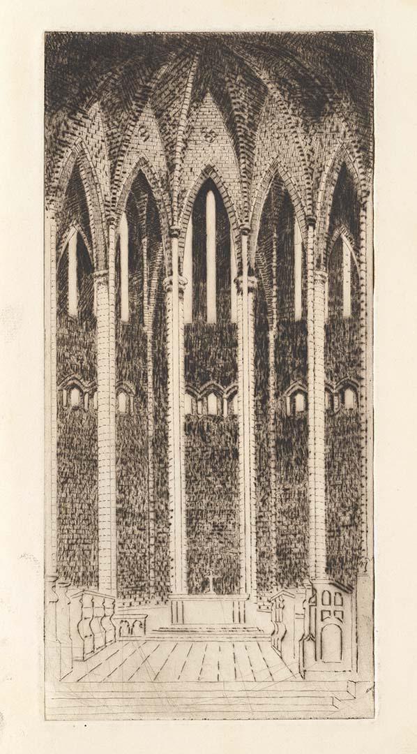 Artwork Interior, St John's Cathedral this artwork made of Drypoint on off-white handmade wove paper, created in 1935-01-01