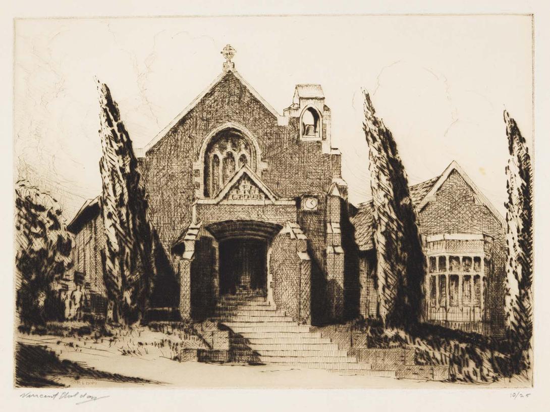 Artwork (Church with three fir trees in foreground) this artwork made of Drypoint on cream wove paper