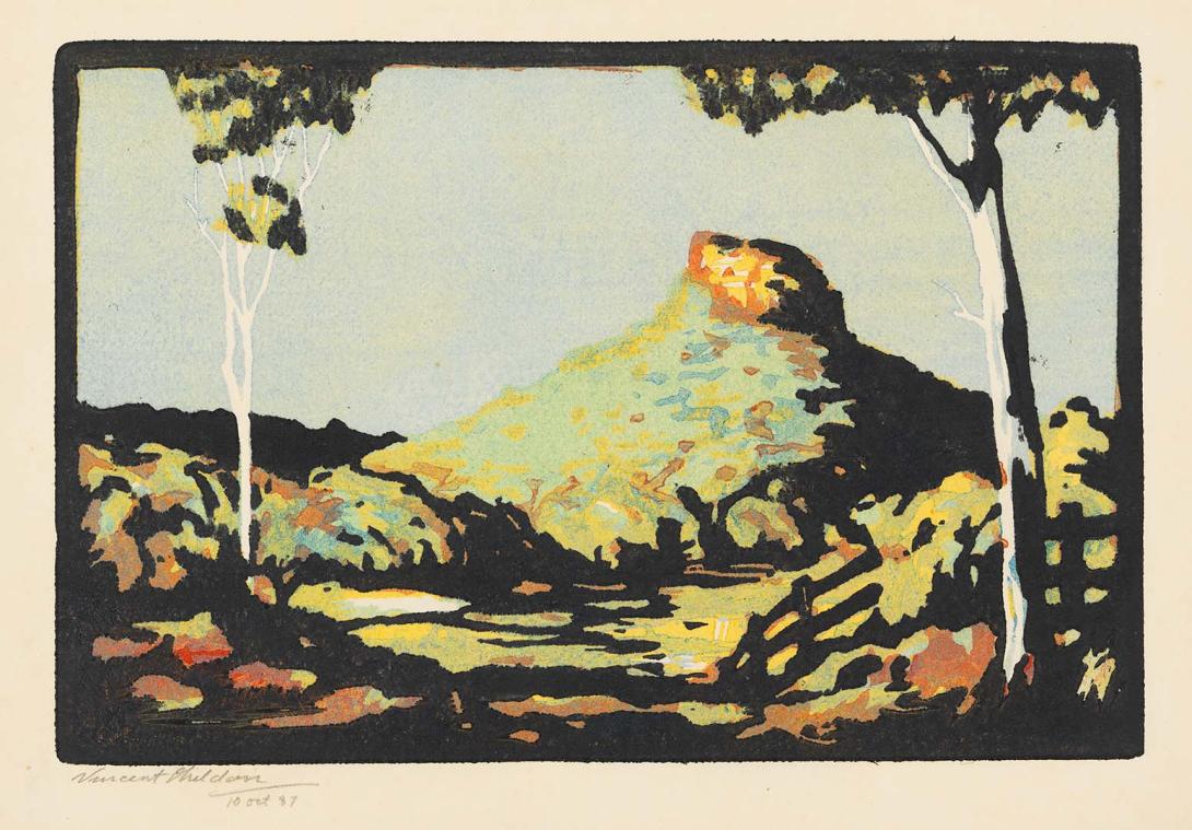 Artwork Mount Lindsay this artwork made of Colour linocut on thin cream wove paper, created in 1933-01-01