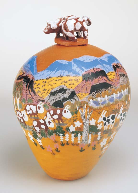 Artwork Pot: Cows this artwork made of Earthenware, hand-built terracotta clay with underglaze colours, created in 2000-01-01