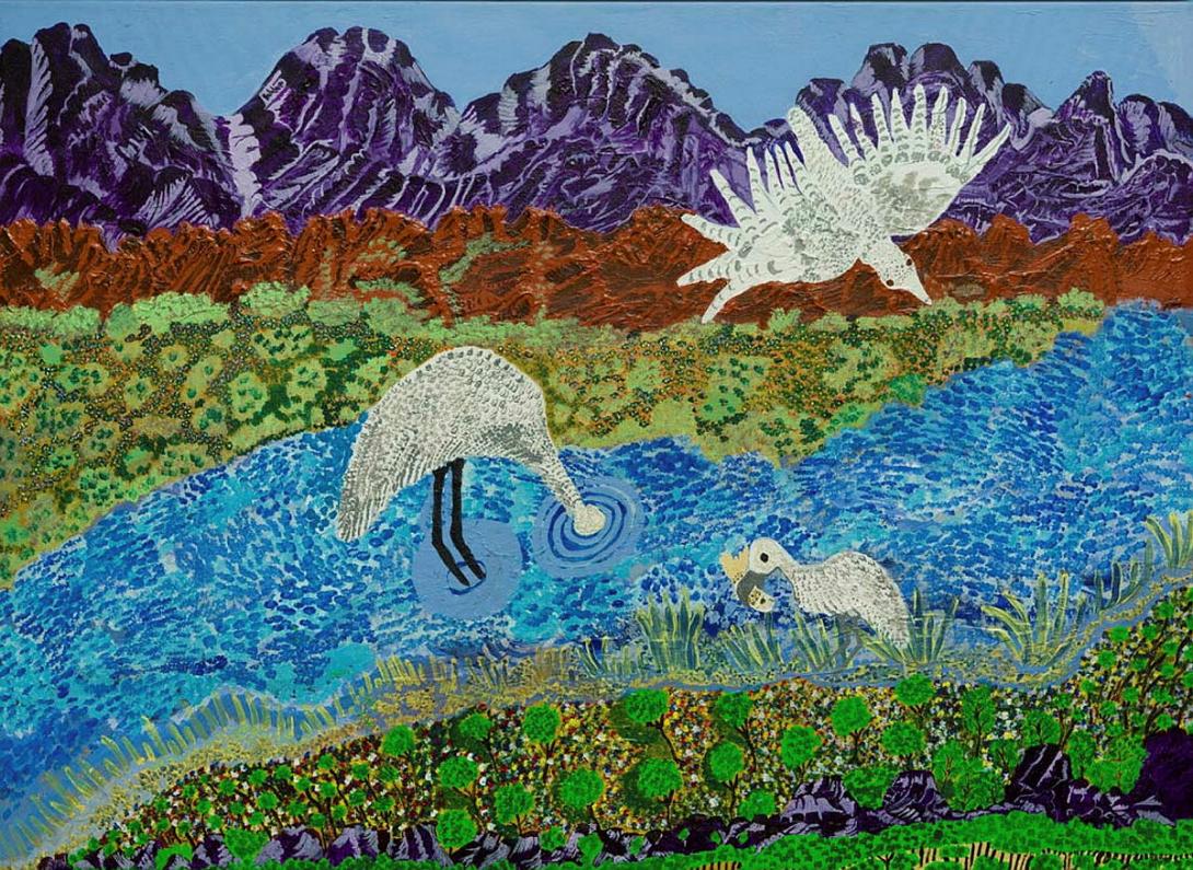 Artwork Waterbirds this artwork made of Synthetic polymer paint on linen, created in 2002-01-01