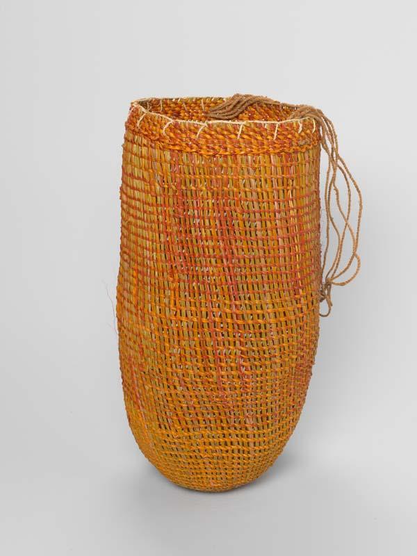 Artwork Mindirr (Basket) this artwork made of Twined pandanus palm leaf, natural dyes and bark fibre string, created in 2003-01-01