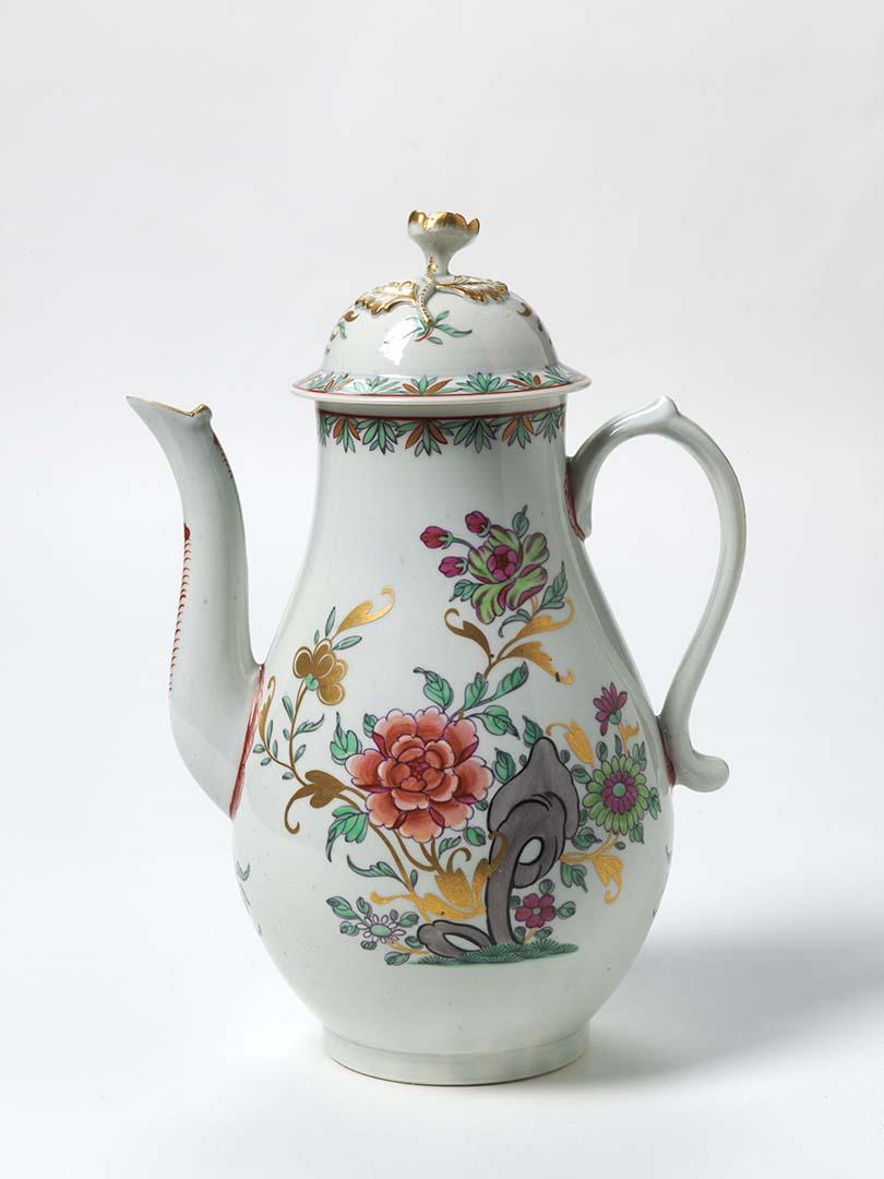 Artwork Coffee pot: (famille rose) this artwork made of Porcelain, soft-paste, baluster shape with overglaze colours in famille rose palette over light blue glaze. Gilt dentil rim, created in 1770-01-01