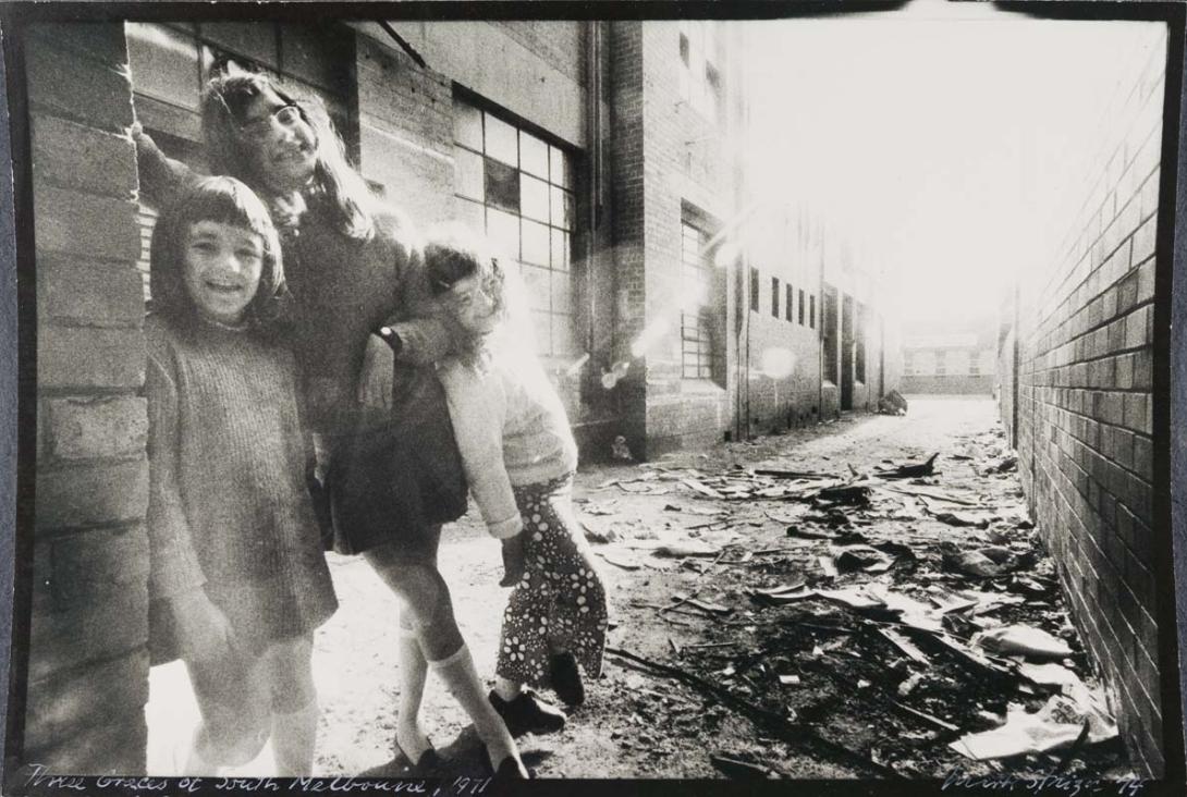 Artwork Three Graces of South Melbourne, 1971 (from 'Children of the streets and their environment' series) this artwork made of Gelatin silver photograph on paper, created in 1971-01-01