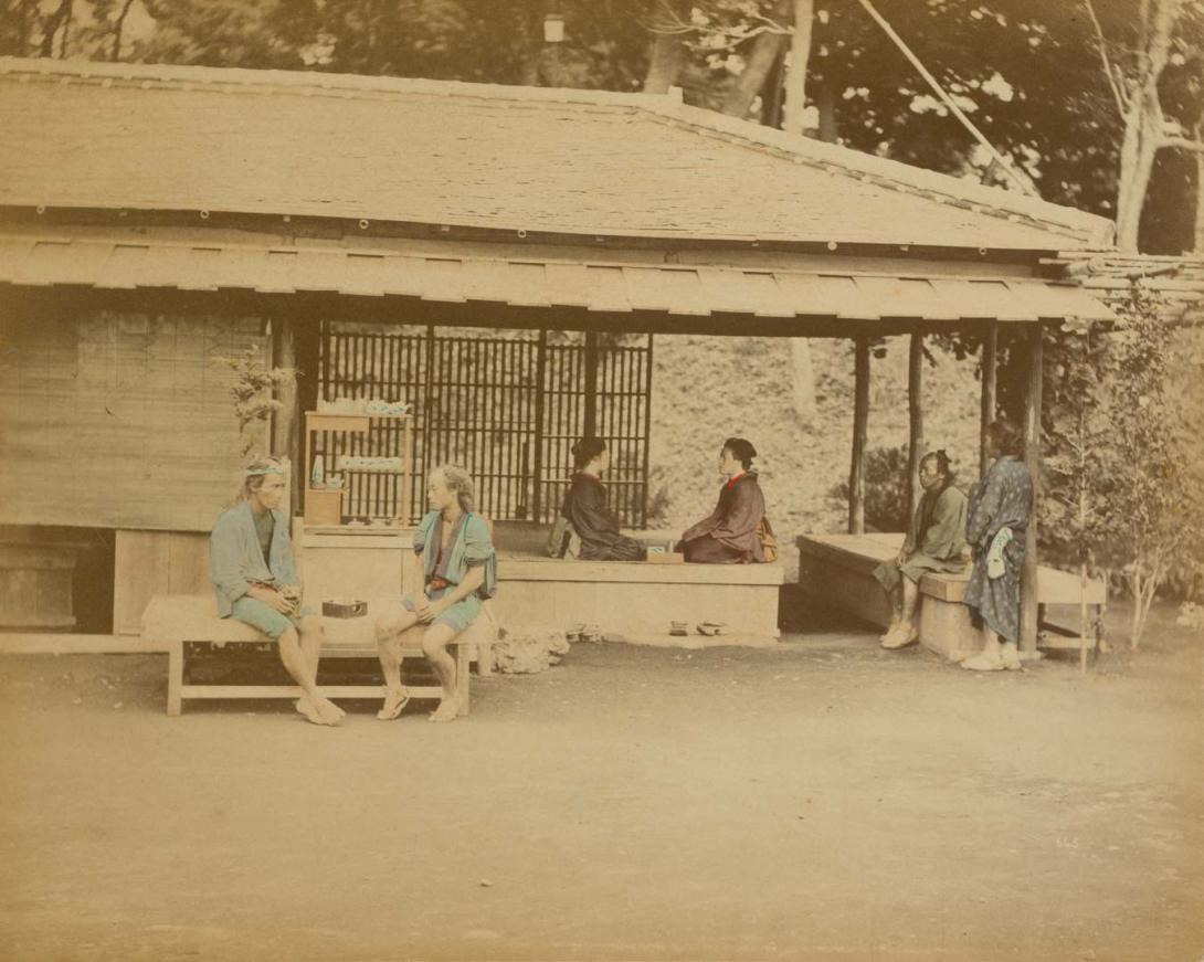 Artwork (Tea-house) (from 'Japan' album) this artwork made of Hand-coloured albumen photograph on board (originally bound in an album), created in 1867-01-01