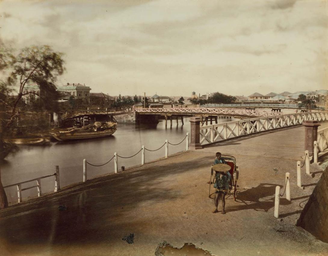 Artwork Bridges leading up to Yokohama Station this artwork made of Vintage hand-coloured albumen photograph on paper, created in 1872-01-01